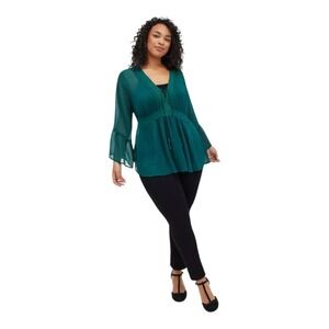 Torrid Women's 2X Green Metallic Babydoll Chiffon Bell Sleeve Lace-Up Sheer Top